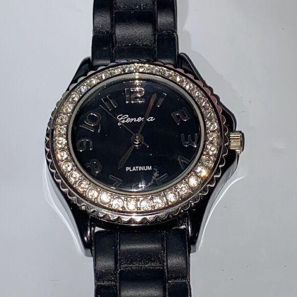 Geneva Women\'s Black Silicone Band Water Resistant Faux Diamond Quartz Watch OS